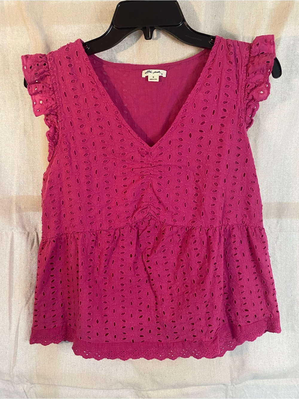 Ultra Pink Eyelet Peplum V-Neck Cotton Summer Top